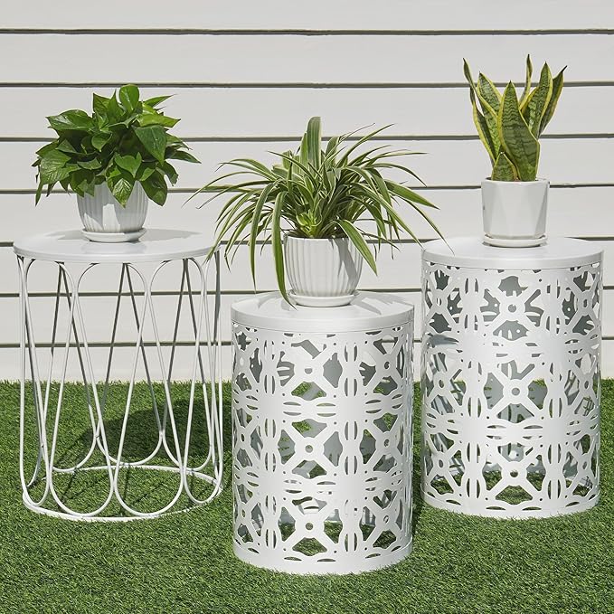 Y&M Set of 3 Stacking Coffee Table for Living Room, Patio Side Table,Indoor End Tables for Bedroom, Outdoor Decorative Garden Stool with Heavy Duty Metal Frame Modern Industrial Decor - White