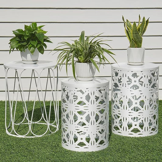 Y&M Set of 3 Stacking Coffee Table for Living Room, Patio Side Table,Indoor End Tables for Bedroom, Outdoor Decorative Garden Stool with Heavy Duty Metal Frame Modern Industrial Decor - White
