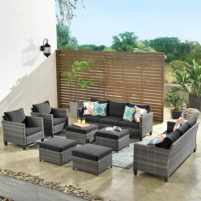 ovios Patio Furniture Set, 8 Pieces Outdoor Wicker Sofa Couch with Chairs, Ottomans and Comfy Cushions, All Weather High Back Rattan Conversation Set, Black