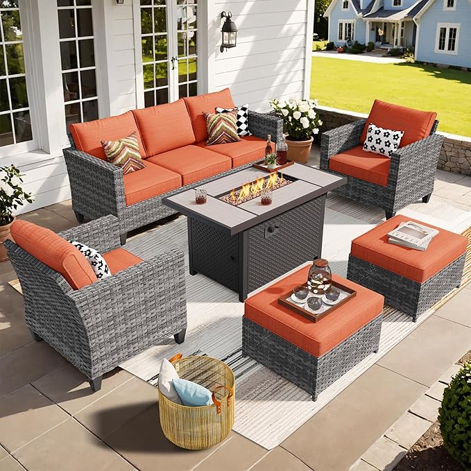 ovios Patio Furniture Set, 6 Pieces Outdoor Wicker Sofa Couch with Fire Pit Table, Ottomans and Comfy Cushions, All Weather High Back Rattan Conversation Set, Orange Red