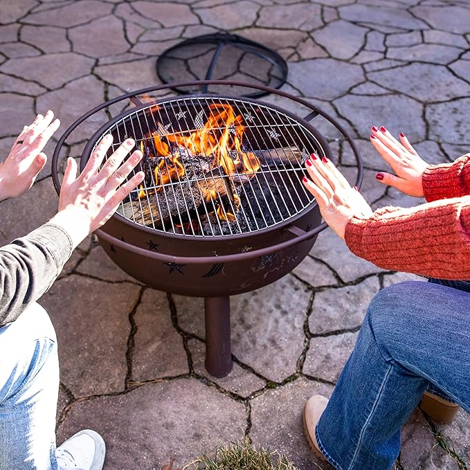 Sunnydaze Cosmic 30-Inch Patio Fire Pit for Outside - Outdoor Wood-Burning Fire Pit with Grill Grate, Spark Screen, and Fireplace Poker