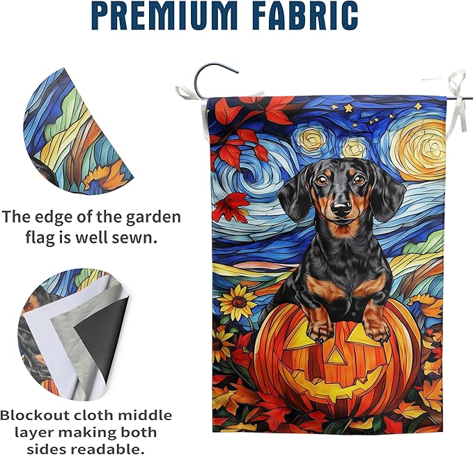 Stained Glass Dachshund Fall Garden Flag Halloween Pumpkin Yard Signs Autumn Sunflower Thanksgiving Banner for Outside 12x18 Double Sided Small Weiner Dog Outdoor Decorative