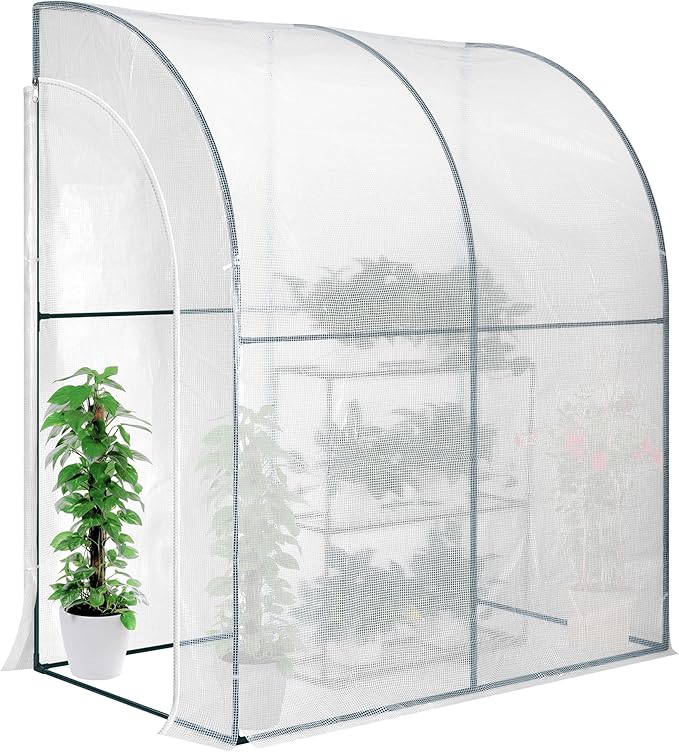 VIVOSUN Mini Lean-to Greenhouse, 6.6’ x 3.3’ x 6.9’ Portable Wall House with White PE Cover and Shelf for Compact Garden 79x39x83-Inch