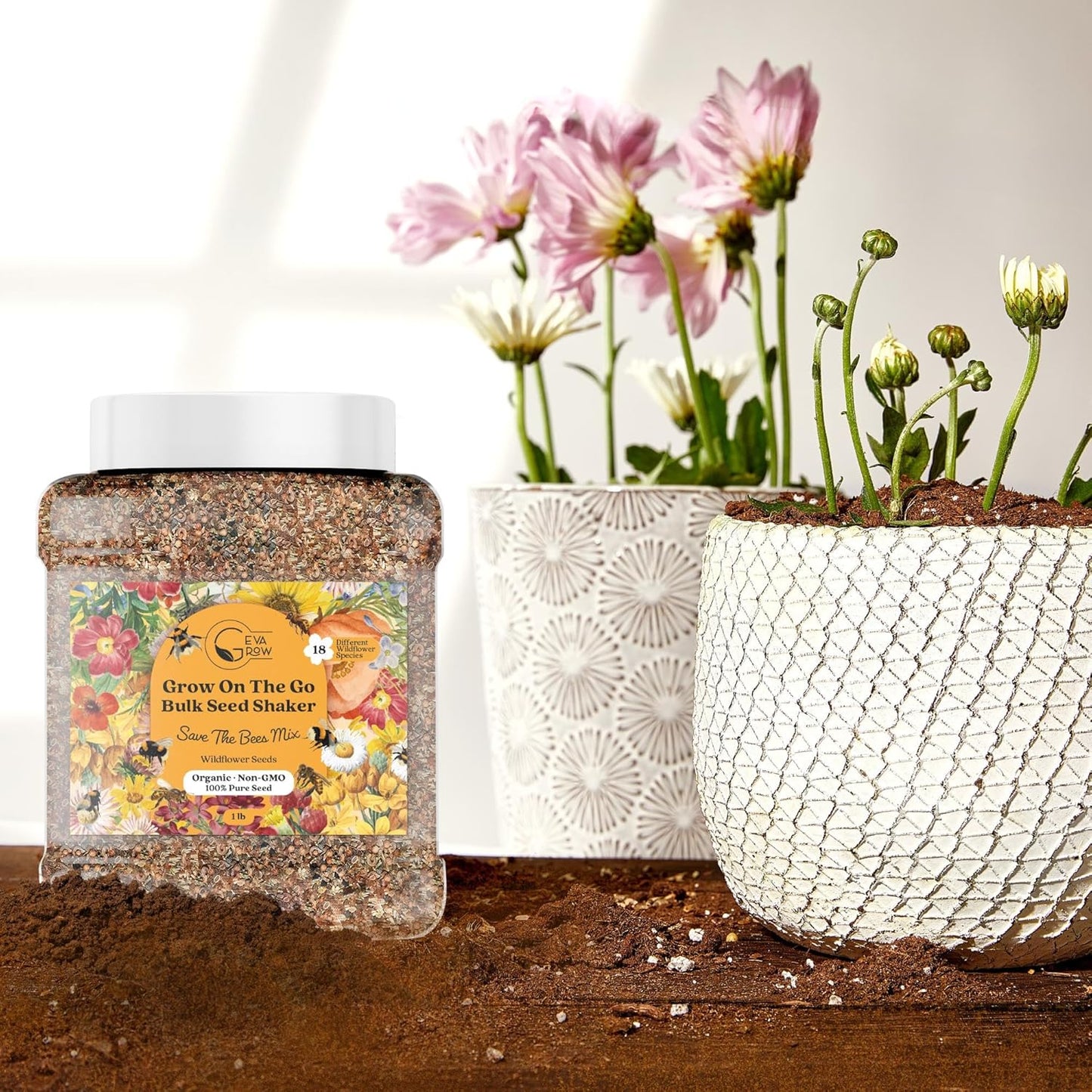 Wildflower Seed Mix 1LB Tub - Save The Bees Seed Mix, by GevaGrow | Bulk 300,000+ Seeds | Pollinator & Bee Attracting Flower Seeds Bulk for Planting in Pots & Outdoor Gardens | 1 Pound Tub