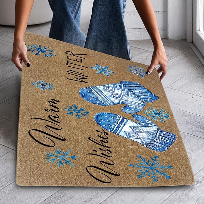 Winter Christmas Faux Coir Door Mats Outdoor, Winter Gloves Snowflake Door Mat for Home Outside Entryway, Warm Wishes Christmas Welcome Doormat for Indoor Outdoor Porch Entrance, 17x30 Inch