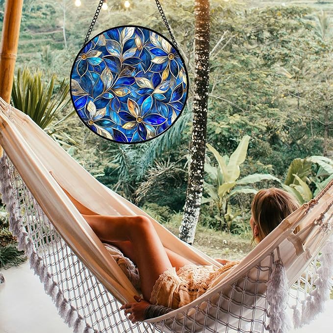 Stained Glass Window Hanging - Blue Gold Abstract Flowers Suncatcher for Door Terrace Garden Home Decor, Plant Sun Catcher Birthday Gifts for Lovers Women Men Dad Mom Nana 7.8 in