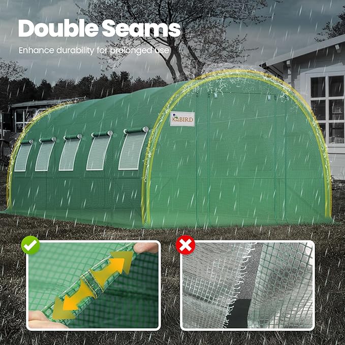 KING BIRD Premium 25x10x6.6FT Greenhouse for Outdoors, Large Walk-in Heavy Duty Galvanized Steel Frame, Mesh Door Screen Window Upgraded Zipper Tunnel Hoop for Garden Plant Winter, Green