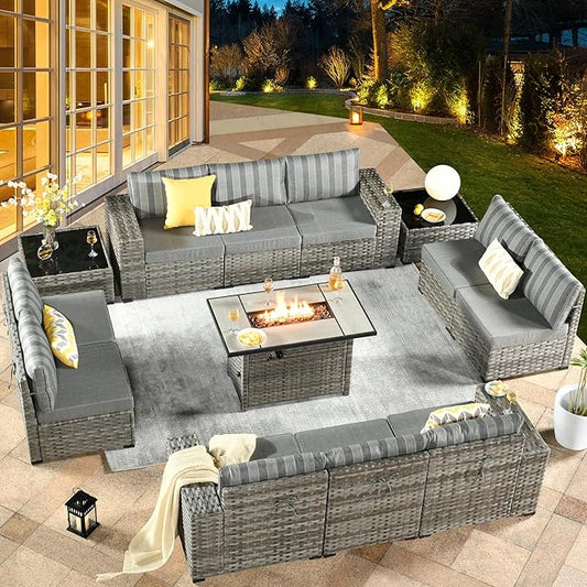 HOOOWOOO 13 Piece Modular Patio Outdoor Sectional Furniture Set with Gas Propane Fire Pit Table,Wicker Conversation Sofa Set,Out Door Couch Set with Wide Arm Outside(Grey Stripes)