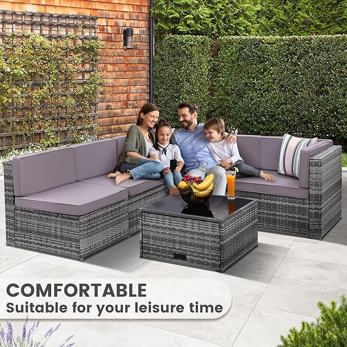 8 Pieces Outdoor Wicker Rattan Patio Furniture Sectional Set, Glass Top Table with Hidden Storage, 7 Sofa Sections, Oversized Cushions, Grey Color Rattan with Light Grey Cushion