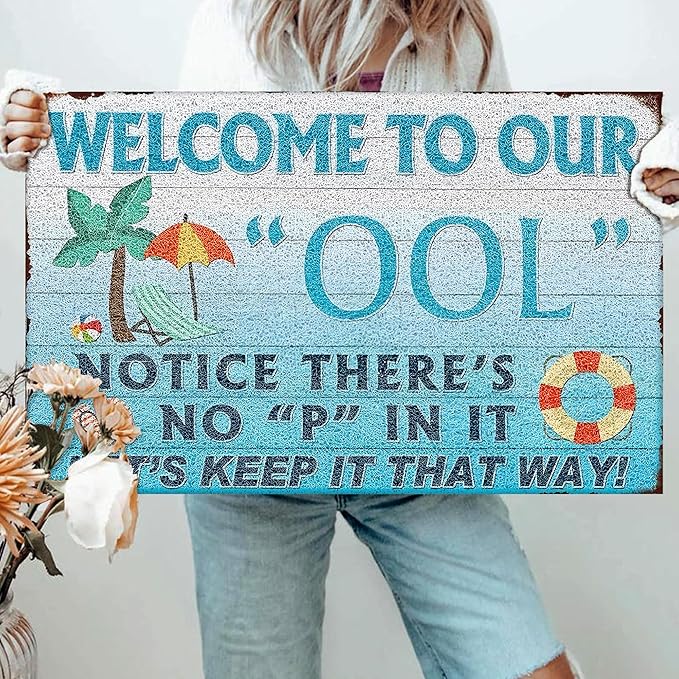 Summer Swimming Pool Door Mat, Funny Poolside Welcome Floor Mats Non-Slip for Front Door Porch Indoor Outside Entrance Entryway, Summer Coastal Doormat, 17x30 Inch