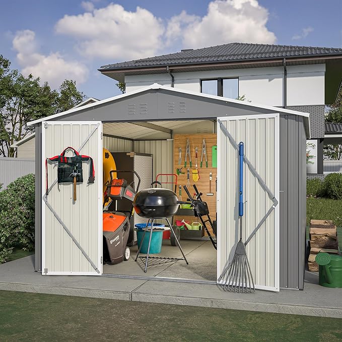 10X10 FT Outdoor Tool Storage Shed with Metal Foundation & Lockable Doors, All Weather Metal Sheds for Garden, Patio, Backyard, Lawn, Gray