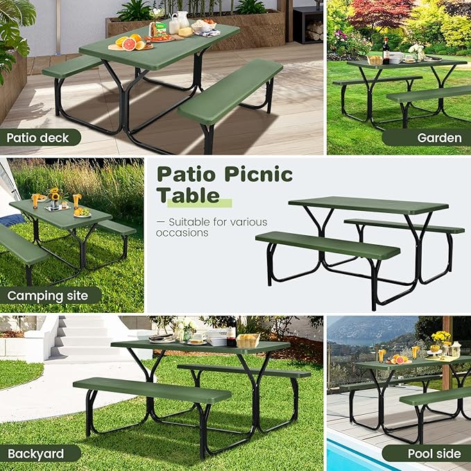 Moccha Picnic Table Bench Set - Portable Plastic Picnic Table w/Steel Frame & Wood-Like Texture, All Weather Heavy Duty Picnic Table Kit, Picnic Tables for Outdoors Garden Patio Party Dining (Green)