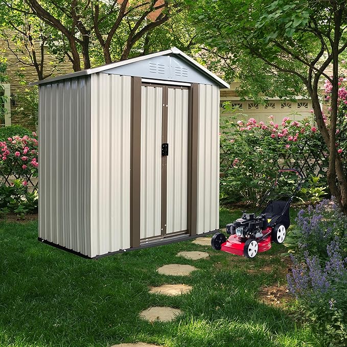 Ball & Cast 5x3 FT Outdoor Storage Shed, Metal Sheds with Punched Vents and Sliding Door, Waterproof Garden Tool Shed with Aluminum Frames and Sloped Roof for Backyard Patio,Cream White