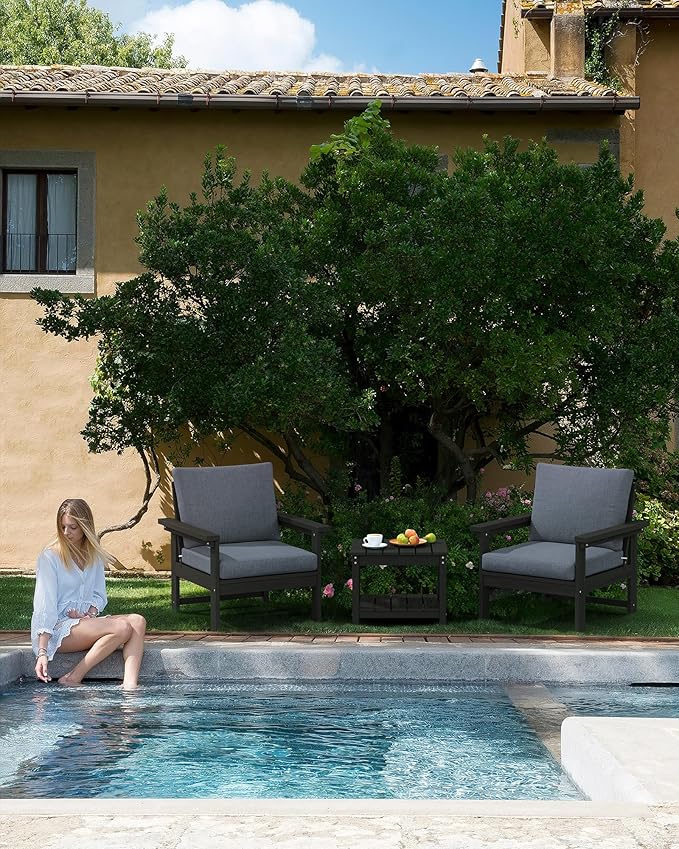 SERWALL HDPE Patio Sofa Set, 3-Piece Sectional Outdoor Furniture Set, All Weather Outdoor Couch Set Patio Furniture Set for Deck, Lawn, Black Frame with Grey Cushion