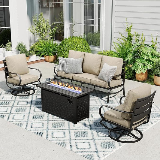 Sophia & William Patio Furniture Sets with 45" Gas Fire Pit Table Outdoor Metal Conversation Sets for 5, 2 x Swivel Cushioned Patio Sofa Chairs, 1 x 3-Seat Sofa 4 Pieces for Lawn Backyard Beige