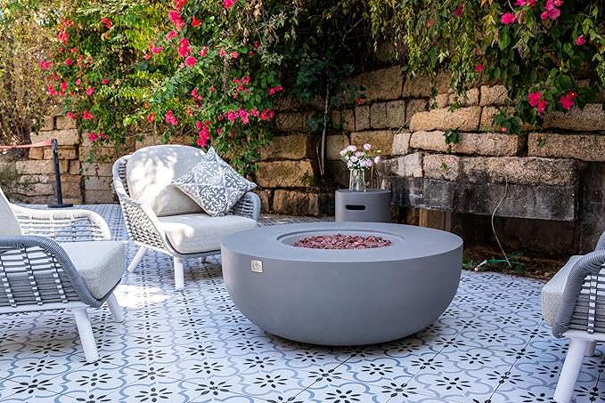 AMS Creations | Eclipse 44" Round Cast Concrete Propane Gas Fire Pit Bowl Table | Light Gray | Smooth Texture Surface | Electronic Ignition | Outdoor Patio Heater Outside Backyard Fireplace