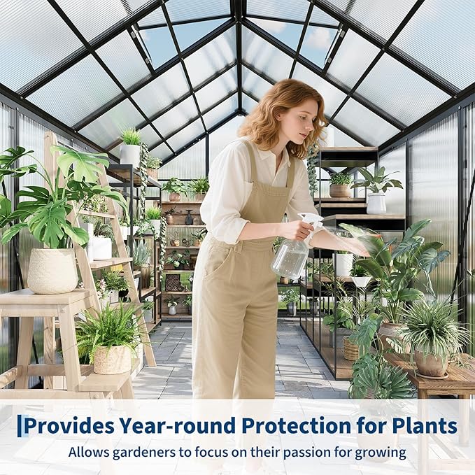 Greenhouses, 6x10 FT Greenhouse for Outdoors, Polycarbonate Greenhouse with Roof Vent, Ground Nails, Lockable Hinged Door, Aluminum Large Walk-in Green House for Outside Garden Backyard, Patio, Lawn