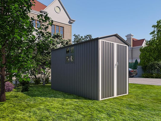 6x10 FT Outdoor Storage Shed, Metal Motorcycle Shed with Window, Storage Building with Lockable Hinged Doors & Sloped Roof, Waterproof Outside Garage Sheds for Garden, Backyard, Patio, Gray+White
