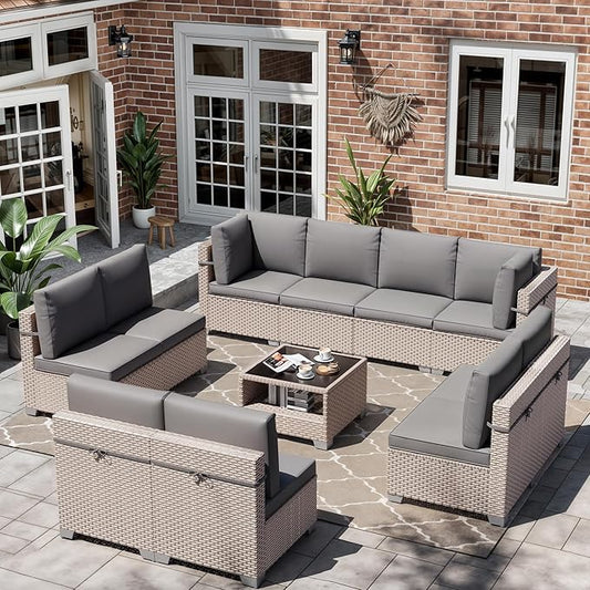 11 Pieces Patio Furniture Set, Outdoor Sectional Wicker Sofa with Thick Cushions and Storage Coffee Table, Rattan Patio Conversation Sets for Deck Garden Poolside, Grey