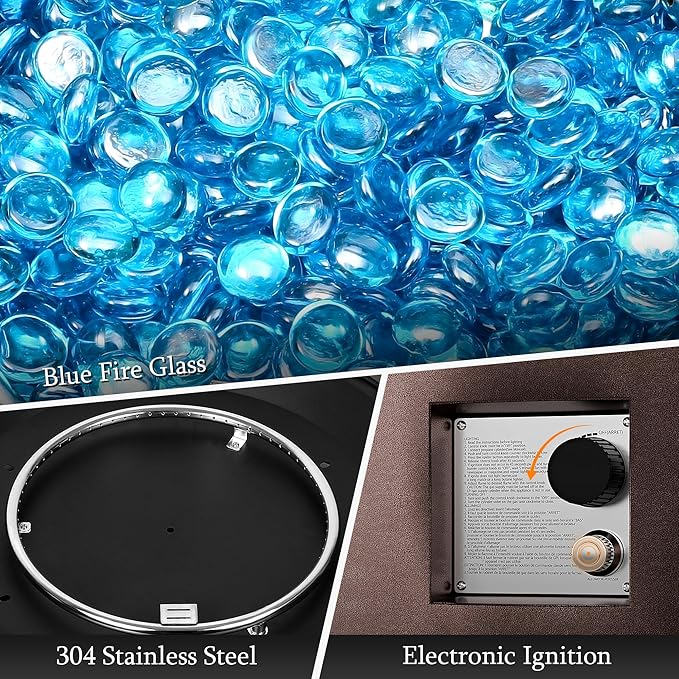 UPHA 42-inch Outdoor Propane Gas Fire Pit Table 50000 BTU Iron Round Firepit for Outside Patio with Tank Hidden Table, Removable Lid, Blue Glass Rocks, Rain Cover, Brown