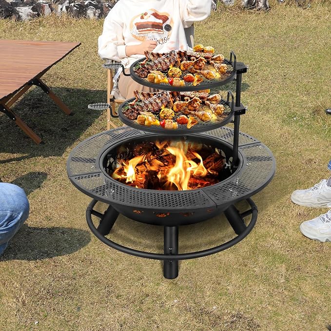 Hykolity 35 Inch Fire Pit with 2 Cooking Grate & Charcoal Pan, Outdoor Wood Burning BBQ Grill Firepit Bowl with Cover Lid, Steel Round Table for Backyard Bonfire Patio Picnic