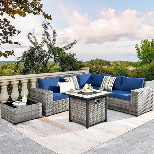 HOOOWOOO Modular Patio Outdoor Sectional Furniture Set with Gas Propane Fire Pit Table,7 Piece Wicker Conversation Sofa Set,Out Door Couch Set with Wide Arm Outside(Navy Blue)