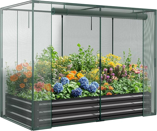 Galvanized Raised Garden Bed with Crop Cage Plant Protection Net Tent Kit for Garden Plant, 74"x37.4"x 59" Plants Protection Tent Cage Metal Planter Box Bottomless Planting Vegetables Outdoor