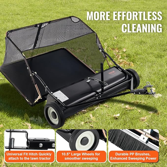 VEVOR 52 Inch Lawn Sweeper Tow Behind, 26 cu.ft. Large Pull Behind Grass Sweeper, Heavy Duty Leaf & Grass Collector with Dumping Rope Design, Adjustable Sweeping Height for Picking Up Debris & Grass