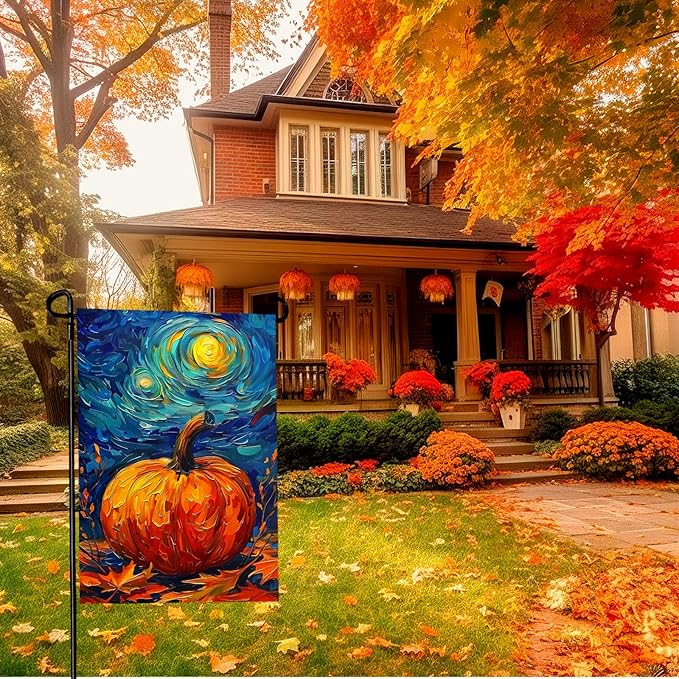 Fall Garden Flag Pumpkin Maple Leaf Yard Flags Van Gogh Garden Flags Art Starry Night Sky Moon Garden Flags Autumn Harvest Thanksgiving House Banner for Patio Farmhouse Outdoor 12 x 18 Inch