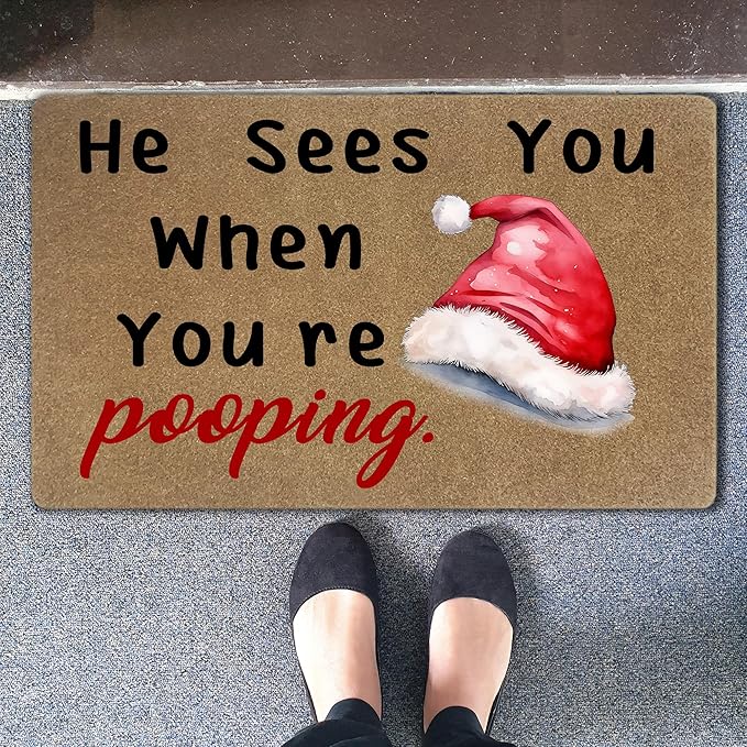 Funny Christmas Bathroom Faux Coir Door Mat, Christmas Bath Mat for Bathroom Entryway, He Sees You When You're Pooping Welcome Doormat for Washroom Restroom Toilet Porch Entrance, 17x30 Inch