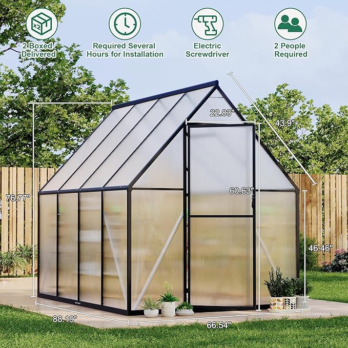 6'x7' Aluminum-Framed Polycarbonate Greenhouse, Heavy Duty Polycarbonate Greenhouse with Quick Setup Structure and Roof Vent, Large Enhanced Aluminum Green House Kit for Outdoors