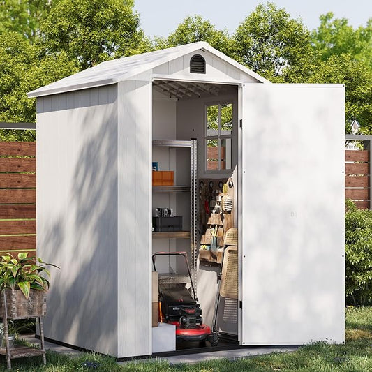 Patiowell 4' x 4' Outdoor Storage Shed with Floor, Plastic Shed Outside Resin Tool Shed with Window and Lockable Door for Backyard Garden Patio Lawn, Light Grey (Fit-it Shed)
