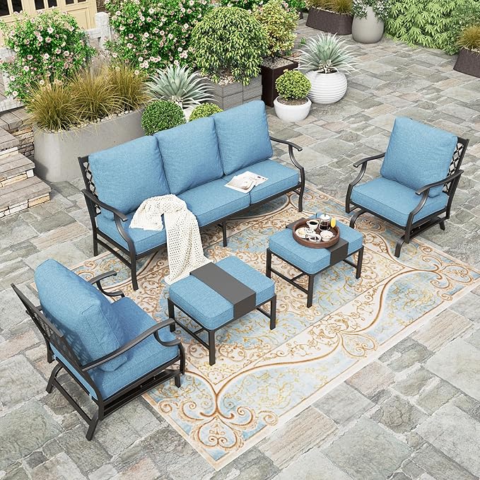 HERA'S HOUSE 5 Pieces Patio Furniture Set, 2 x Rocking Chair, 2 x Ottoman, 1 x 3-Seat Sofa, All Cushioned 7 Seats Metal Outdoor Conversation Set for Lawn Garden Backyard