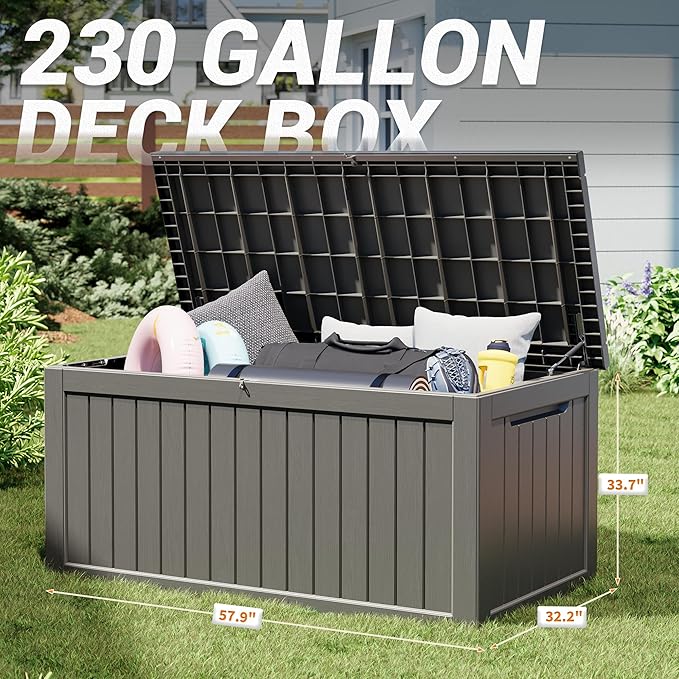 NUNU LAB 230 Gallon Large Resin Deck Box, Waterproof Outdoor Storage Box, Lockable Storage Bin for Patio Furniture, Garden Tools, Pool Accessories, UV-Resistant & All-Weather, Grey