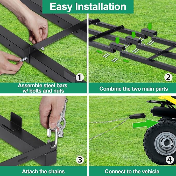 8 FT Drag Harrow Driveway Grader, Heavy Duty Power Rake w/ 6 FT Chain, Tow Behind Lawn Rake for ATV, UTV, Tractor, Mower, Land Leveler for Gravel, Sand, Soil, Hay