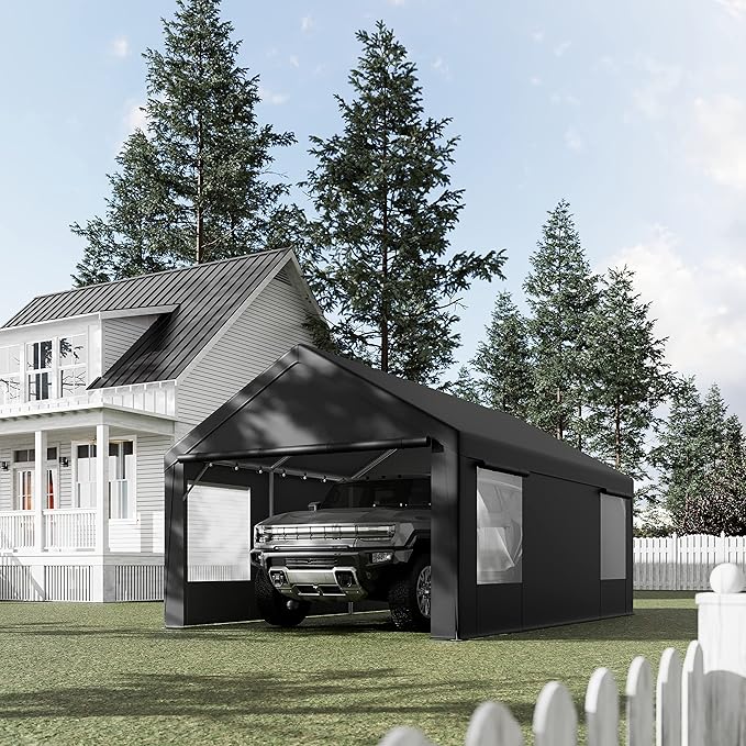 Carport 12'x 20' Portable Garage with Removable Door for Car, Truck, Boat, Car Canopy with All-Season Tarp, Grey