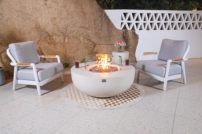 AMS Creations | Eclipse 44" Bundle Round Cast Concrete Propane Gas Fire Pit Bowl Table | Cream White | Smooth Texture Surface | Electronic Ignition | Outdoor Patio Heater Outside Backyard Fireplace