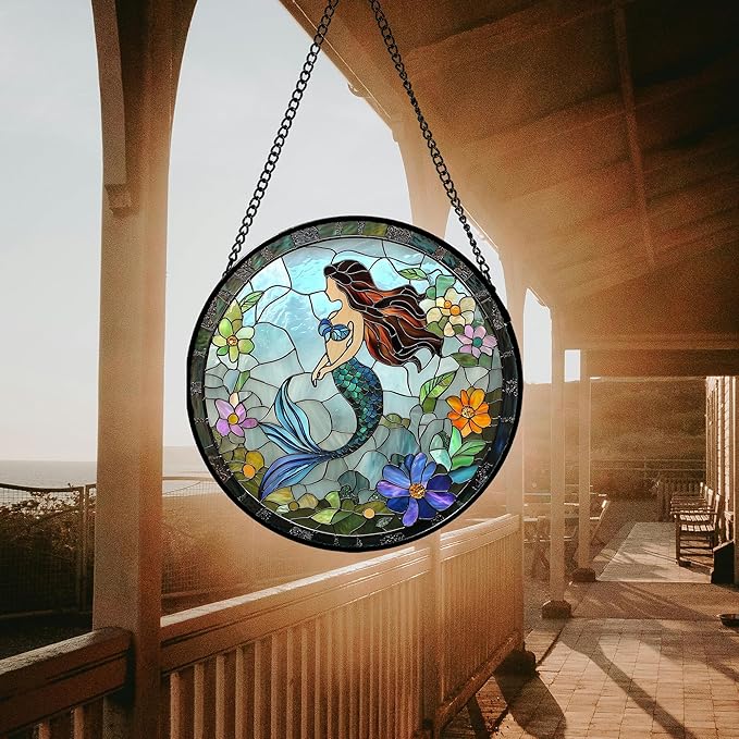 Stained Glass Window Hanging - Light Blue Mermaid Suncatcher for Door Terrace Garden Home Decor, Ocean Flowers Sun Catcher Birthday Gifts for Lovers Women Men Dad Mom Nana 7.8 in