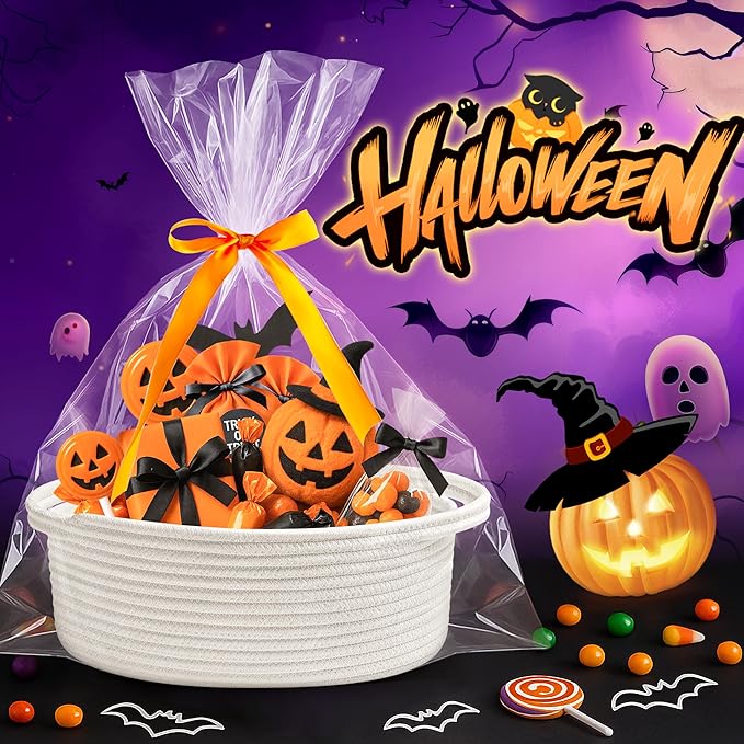 Pro Goleem Small Woven Basket with Gift Bags and Ribbons Durable Baskets for Halloween Gifts Empty Small Rope Basket for Storage 12"X 8" X 5" Baby Toy Baskets with Handles, White