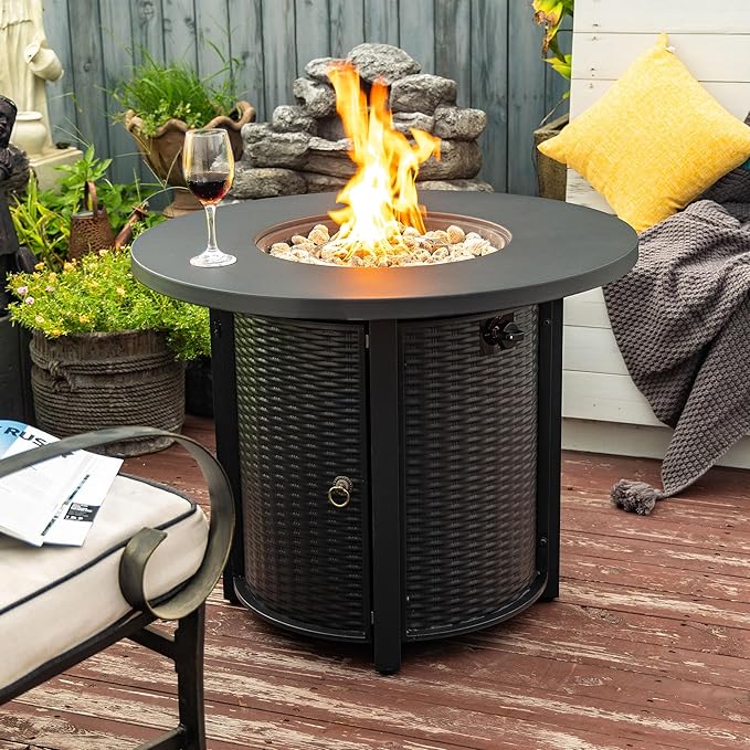 32'' Round Gas Fire Pit, 50,000 BTU Steel Outdoor Fire Tables, Fire Table with Lid, Add Warmth & Ambience to Gatherings and Parties On Patio Deck Garden Backyard, Black.