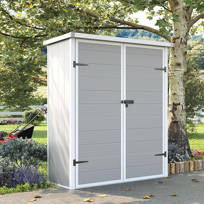 UDPATIO 4.3x5.6ft Resin Outdoor Storage Shed, Vertical Tool Shed with Shelving Brackets for Patio Pool Lawn Garden, Grey White