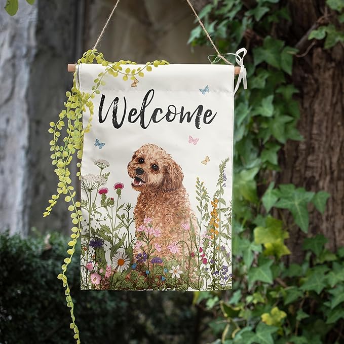 Spring Summer Garden Flag Floral Golden Doodle Puppy Yard Flag Flower Dog Garden Flags for Outside Small Outdoor Welcome Flags 12x18 Double Sided