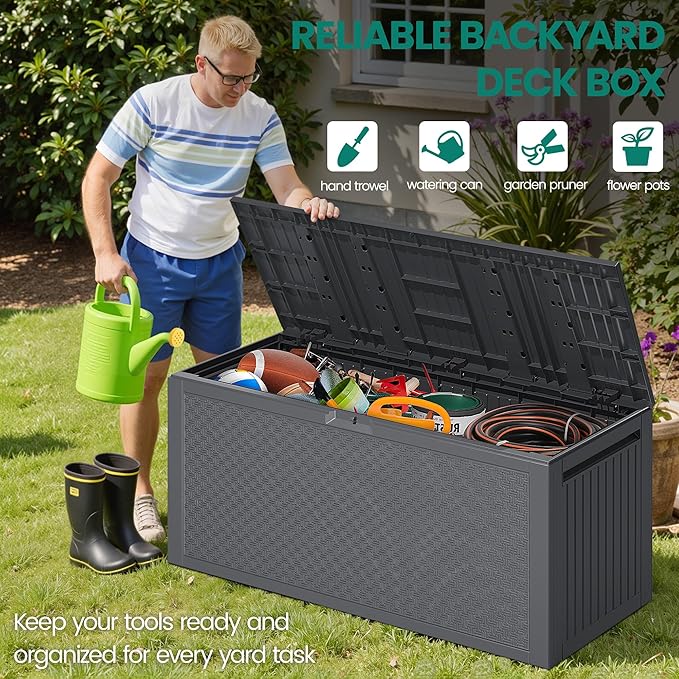 90 Gallon Outdoor Deck Box, Waterproof Outdoor Deck Box, Durable Resin Bin for Patio Cushions, Garden Tools and Pool Accessories, Lockable with UV Protection, Dark Gray, Patio Furniture (90 Gal Gray)