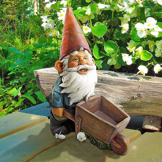 Design Toscano QM2433000 Wheelbarrow Willie Garden Gnome Statue Bird Feeder, 12 inch Multicolored