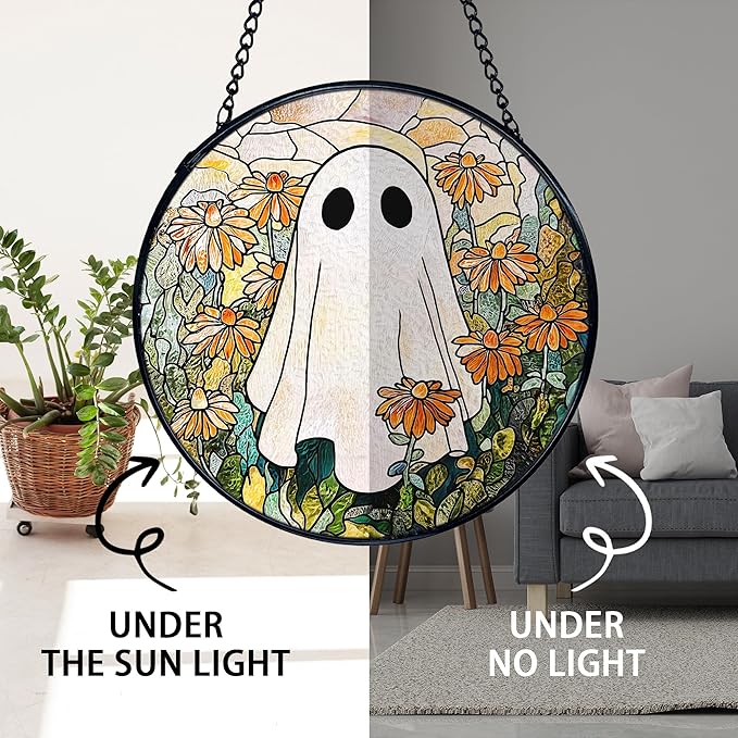 TNUW Halloween Ghost Stained Glass Window Hanging, Ghost Flower Sun Catchers Indoor Window Glass Round Wall Art Decor, Halloween Floral Wall Hanging Decorations, 7.9＂x7.9＂