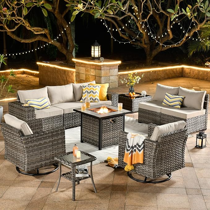 HOOOWOOO 10 Piece Modular Patio Outdoor Sectional Furniture Set with Gas Propane Fire Pit Table,Wicker Conversation Sofa Set with Swivel Chairs,Outside Couch Set(Beige)