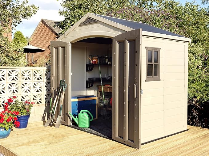Keter Factor (8x6 ft) Large Resin Outdoor Storage Shed for Patio Furniture, Lawn Mower, Garden Accessories Yard Tools, and Pool Toys, Taupe