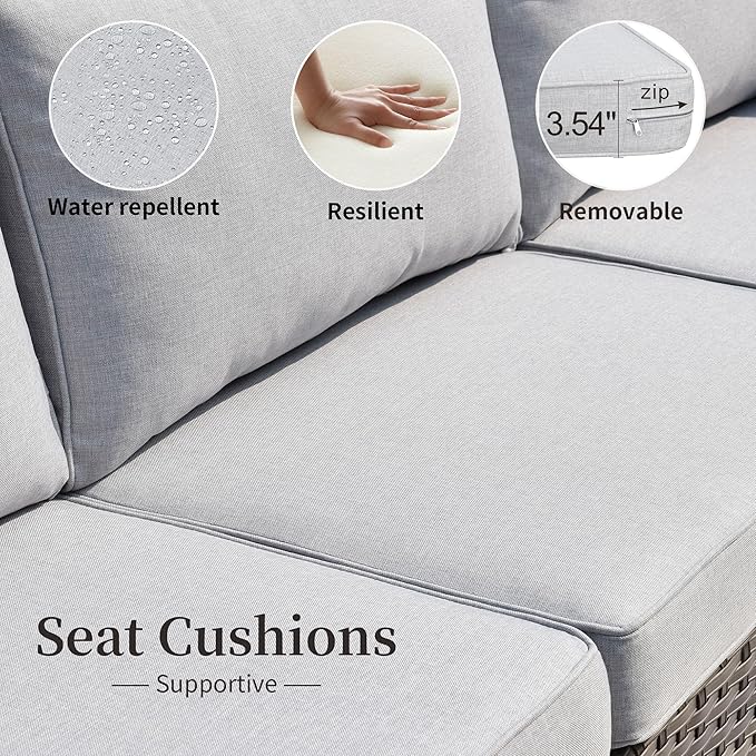 HOOOWOOO 11 Piece Patio Sectional Furniture Set with Fire Pit Table,Modern Wicker Outdoor Conversation Sofa Sets,Weather Resistant Modular L Shaped Outside Couch Swivel Chair Set(Light Grey)