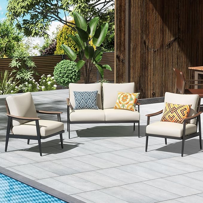 NATURAL EXPRESSIONS 3 Pieces Patio Furniture Set, Outdoor Furniture Sofa Sectional Modern Metal Patio Conversation Set with High Back Wicker Backrest & Loveseat for Balcony, Backyard, Deck, Porch