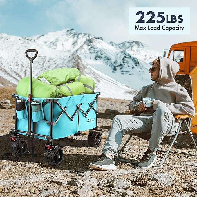 VILLEY Collapsible Folding Wagon with Big Wheels, All Terrain Beach Wagon Cart Heavy Duty Foldable, Enlarged 225lbs Capacity, Portable Utility Garden Cart with 2 Cup Holders and Brake, Blue